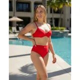 Conjunto de bikini amarillo liso de tiro medio, compuesto por un corpiño con aro y tirantes regulables, y una bombacha tipo culotte de cobertura media.