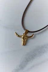 Collar con dije de acero quirúrgico en forma de cráneo de toro, montado sobre un cordón marrón.