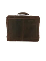 Maletín de cuero marrón hecho a mano, con cierre de solapa con hebillas y cremallera, asa superior y correa ajustable y desmontable para el hombro. Incluye compartimento principal acolchado para laptop y bolsillos exteriores.