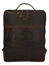 Mochila marrón de cuero con diseño floral en relieve, cierre superior con doble cremallera, asa de mano y correas ajustables para los hombros.