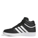 Championes de corte medio Adidas Hoops 4.0 Mid, color negro con las icónicas tres tiras laterales en blanco. Presentan un diseño de inspiración basquetbolística con empeine de cuero sintético, puntera reforzada y suela de goma blanca.