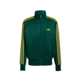 Campera adidas Originals Firebird Pinstripes verde oscuro con finas líneas verticales amarillas, cuello alzado, cierre frontal completo y las clásicas tres tiras de la marca en los hombros y mangas.