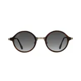 Lentes de sol Indie Wilco con montura redonda de madera color marrón y metal plateado, y lentes grises degradadas.