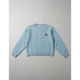 Buzo de manga larga color azul marino con diseño de tejido trenzado, cuello redondo y puños y ruedo elásticos acanalados.