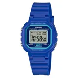 Reloj digital CASIO LA20WH-2ADF con caja y correa de resina azul. Tiene funciones de cronómetro, alarma, calendario y luz LED. Resistente al agua.