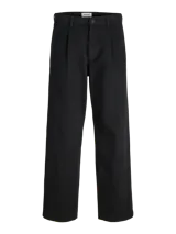 Pantalón negro de tiro alto y corte wide leg, con pliegues frontales y confeccionado en algodón.