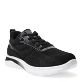 Championes deportivos color negro con suela blanca y detalles en gris. Presentan un diseño de tejido transpirable y cordones.