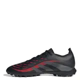 Championes de fútbol Adidas Predator League Turf, color negro con detalles en rojo. Diseñados para superficies sintéticas, cuentan con capellada sintética texturizada para un mejor control del balón y suela especializada para tracción en césped artificial.
