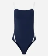 Body azul marino de microfibra con escote redondo, breteles finos, detalles de viés contrastantes en blanco y cierre con broches en la entrepierna.