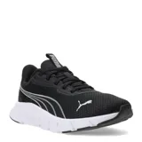 Championes deportivos Puma modelo Flexfocus Lite Modern, color negro con suela blanca. Presentan diseño de malla transpirable, cierre con cordones y logo de la marca en el lateral y la lengüeta.
