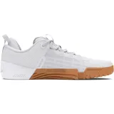 Championes Under Armour TriBase Reign 6 para hombre, color blanco con suela marrón. Diseñados para entrenamiento, con tres puntos de contacto con el suelo y parte superior segura.