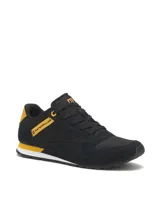 Championes Caterpillar modelo Ventura, de estilo casual y versátil en color negro con detalles en amarillo y blanco. Capellada de gamuza y malla de nylon, entresuela de EVA y suela de goma con tracción.