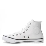 Championes de caña alta Converse Chuck Taylor All Star, confeccionados en cuero sintético blanco con cordones al tono, puntera de goma y suela de caucho con detalle de línea negra.