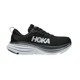 Championes de running Hoka modelo Bondi 8, color negro con detalles en gris y blanco. Presentan una suela de gran amortiguación y diseño ergonómico para mayor comodidad.