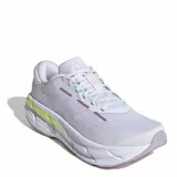 Championes Adidas Questar 4 W para mujer, diseñados para running. Capellada de tejido en color lila con las clásicas tres tiras de la marca, detalles en verde lima y suela blanca con amortiguación.