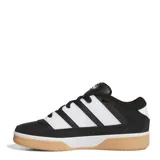 Championes urbanos Adidas Break Start 2000, de diseño robusto en color negro con las icónicas tres tiras laterales en blanco. Presenta una suela de goma color caramelo y una entresuela blanca, con el logo de la marca en la lengüeta.