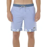 Short de baño celeste con cintura elastizada azul y cordón ajustable. Presenta un estampado con motivos playeros en los laterales y logo de la marca en el frente.