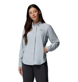 Camisa Columbia modelo Tamiami II LS color gris, de manga larga con sistema para arremangar, cuello camisero, cierre frontal con botones y aberturas de ventilación en la espalda.