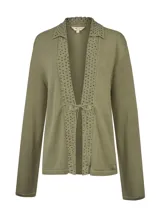Cardigan de punto color verde militar con cuello solapa, mangas largas y detalle de lazo frontal para atar.