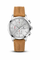 Reloj Poedagar Chronograph 932 de hombre, con caja de acero inoxidable plateada, esfera blanca con subesferas y correa de cuero tostado.