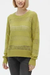 Sweater de poliamida color blanco, de corte holgado, con cuello redondo y diseño calado a rayas horizontales.