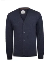 Cardigan de lana de color azul melange, de corte regular, con escote en V, cierre frontal de botones y mangas largas.