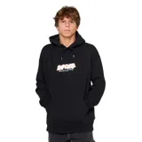 Canguro negro con capucha, cordones ajustables y bolsillo tipo canguro. Estampado frontal con el logo de Rip Curl en colores naranja, celeste y blanco.