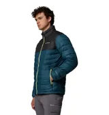 Campera puffer Columbia modelo Powder Lite II, diseño en bloque de color con la parte superior negra y la inferior en verde oscuro, con cierre frontal y detalles en verde lima brillante.