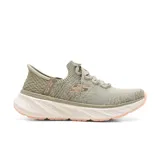 Championes deportivos Skechers Hands Free Slip-ins Relaxed Fit: Edgeride - Impression, color gris con detalles en rosa. Fabricados con materiales reciclados y veganos, capellada de punto elástico, cordones elásticos fijos, plantilla Skechers Air-Cooled Memory Foam y suela de tracción flexible.