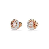 Par de aros Swarovski Dextera con baño de oro rosa. Cada aro tiene un diseño circular con una mitad cubierta de cristales transparentes y una zirconia central móvil.