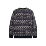 Buzo de punto con cuello redondo y estampado geométrico multicolor en tonos grises, verdes y beige.