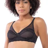 Soutien negro con aro, copa con encaje y detalles de tul transparente con puntos. Presenta un pequeño moño decorativo en el centro.