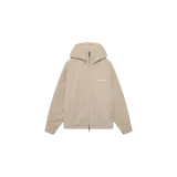 Campera Eme Studios Bulwark Canva Off Sand, color beige, con capucha de cuello alto, cierre frontal completo y bolsillos laterales. Presenta diseño liso de corte holgado con pequeños detalles de logo en el pecho.