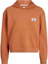 Buzo con capucha color naranja, marca Calvin Klein Jeans, con logo estampado en el pecho, bolsillo tipo canguro y puños y bajo acanalados.
