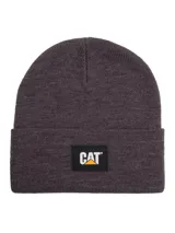 Gorro de lana tipo beanie de color gris oscuro, con vuelta y parche frontal rectangular con el logo de la marca CAT.