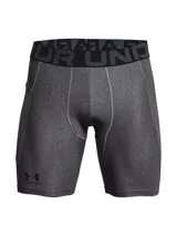 Calza corta de compresión Under Armour, modelo HeatGear, color gris jaspeado. Cuenta con cintura elástica ancha con logo de la marca, paneles de malla para ventilación y un bolsillo lateral de almacenamiento.