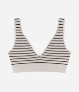 Soutien top de estilo deportivo confeccionado en tejido de poliamida con textura acanalada. Presenta un diseño de rayas horizontales, escote en V profundo, espalda en U y breteles anchos. Incluye copas desmontables y una banda elástica inferior con etiqueta de la marca.