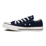 Championes Converse Chuck Taylor All Star de lona, color azul marino, con puntera de goma blanca, cordones blancos y suela de goma con líneas negras.