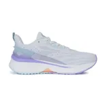 Championes de running 361º, color blanco con detalles en lavanda y celeste. Presentan una estructura de malla transpirable, entresuela con amortiguación y refuerzo estabilizador en el talón.