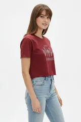 Remera cropped de algodón negra con cuello a la base, mangas cortas y estampado frontal de cerezas con la palabra "HELLO".