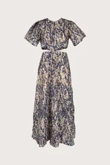 Vestido largo con estampado animal print en tonos azul y beige, con corte en la cintura y mangas cortas abullonadas.