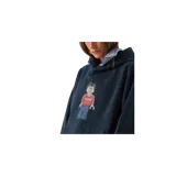 Hoodie oversized de color negro, con capucha, bolsillo frontal tipo canguro y un estampado gráfico de una figura estilo Lego en el pecho.