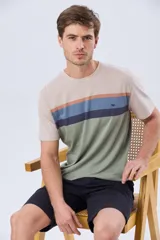 Remera de algodón con diseño de bloques horizontales de colores blanco, azul, beige y verde, de manga corta y cuello redondo.