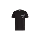 Remera Tommy Jeans negra de manga corta, con cuello redondo y estampado gráfico blanco en el pecho.