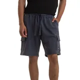 Short de felpa color azul oscuro con efecto acid wash, bolsillos cargo laterales y cordón ajustable en la cintura.