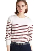 Sweater de punto con diseño de rayas horizontales, cuello redondo y manga larga. Presenta botones decorativos en tono dorado sobre uno de los hombros y puños acanalados.