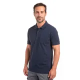 Polo de manga corta color azul marino, con cuello clásico, cierre frontal de tres botones y bolsillo frontal en el pecho.