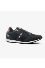 Championes deportivos Fila modelo Vintage Runner, color negro con detalles en rojo y blanco en el talón y el lateral.