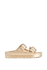 Sandalias de goma con hebillas ajustables, disponibles en color negro, verde militar, plateado y dorado.