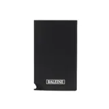 Billetera minimalista negra con sistema de deslizamiento para tarjetas y logo de la marca Baleine en el frente.